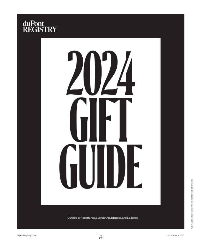 "2024 GIFT GUIDE" page with a black border and curated by three individuals.