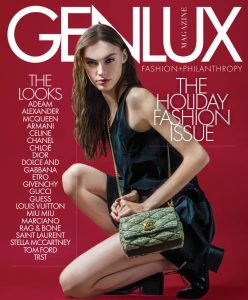 Magazine cover featuring a model in a black dress with a green handbag against a red background, with "Genlux Magazine" text.