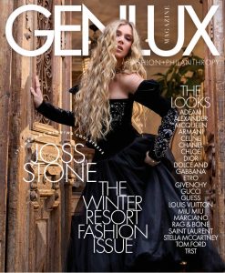 A glamorous magazine cover with a woman in a black gown, titled "GENLUX Winter Resort Fashion Issue."