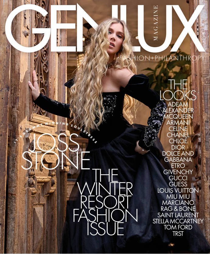 A glamorous magazine cover with a woman in a black gown, titled "GENLUX Winter Resort Fashion Issue."
